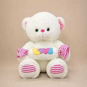 White Candy Love Teddy Bear holding colourful LOVE cushion